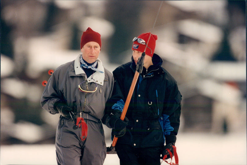 Prince Charles together with Prince Harry and Prince WIlliam in the ski slope - Vintage Photograph