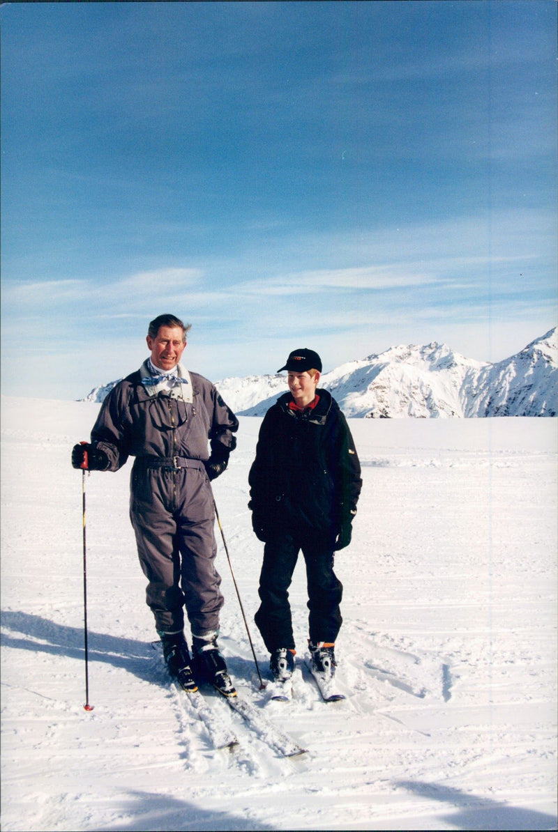 Prince Charles together with Prince Harry in the ski slope - Vintage Photograph