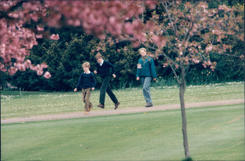 Easter at Windsor Castle. Prince Harry, Prince William and Zara play in the garden. - Vintage Photograph