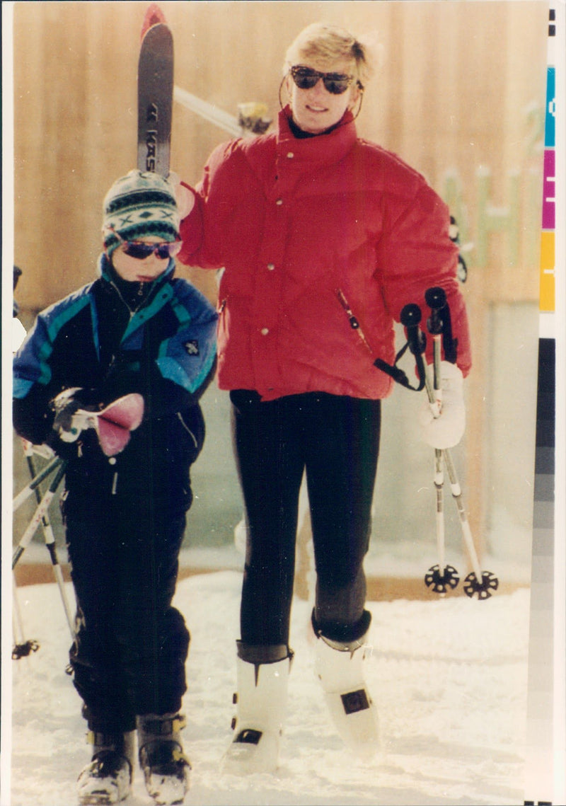 Princess Diana along with Prince Harry in the ski slope - Vintage Photograph