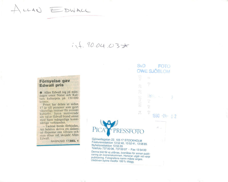 Allan Edwall has received Nature and Culture's cultural award of 150,000 kr - Vintage Photograph