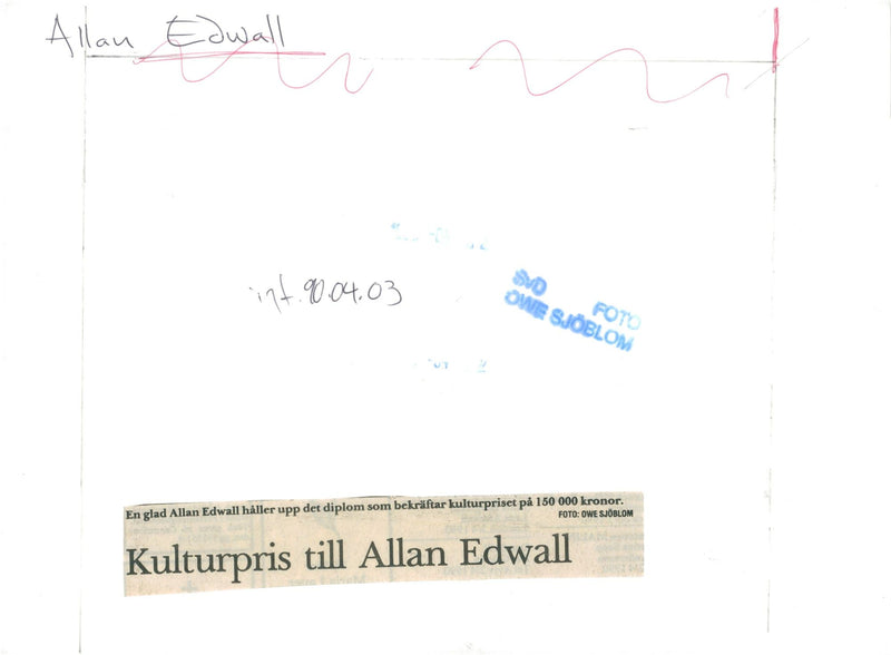Allan Edwall has received Nature and Culture's cultural award of 150,000 kr - Vintage Photograph