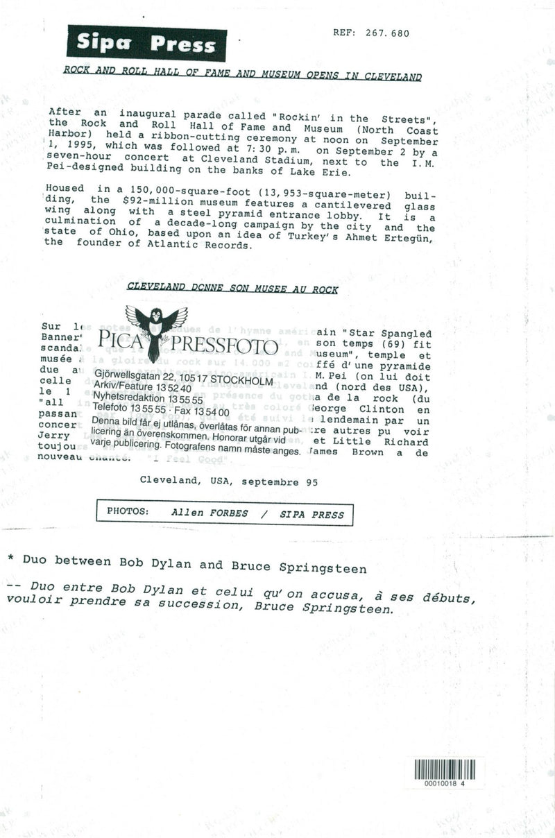 Two of the rock music giants, Bob Dylan and Bruce Springsteen in connection with the opening of the Rock and Roll Hall of Fame and Museum. - Vintage Photograph
