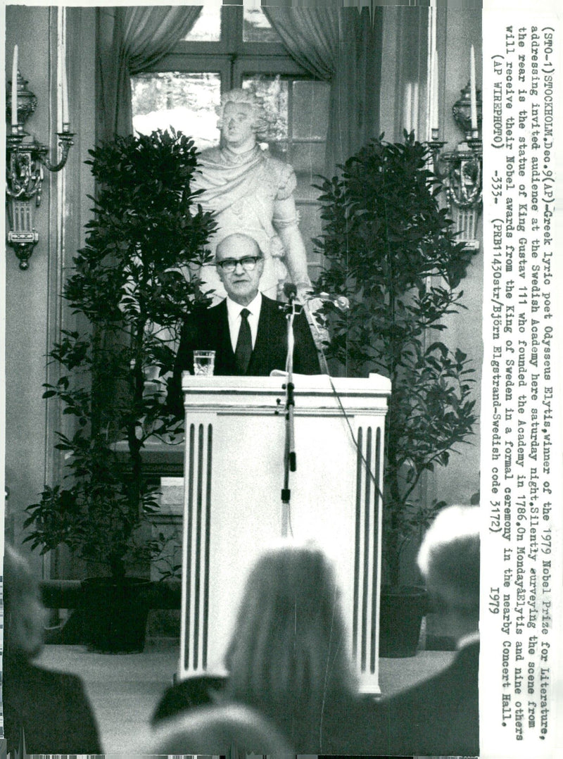 Nobel laureate Odysseus Elytis in the speech court at the Nobel Peace Prize in Stockholm City Hall - Vintage Photograph