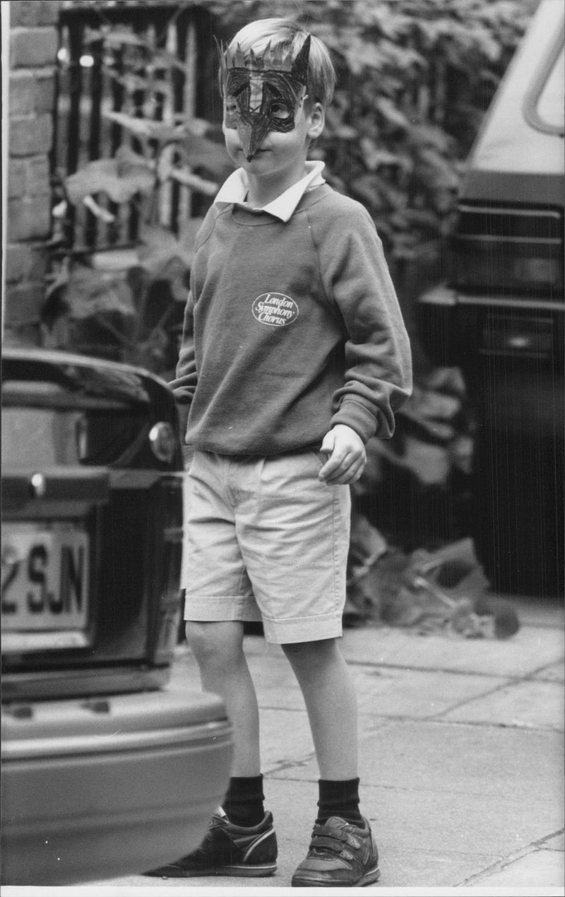 Prince William in the school yard with an egg-ground cat mask - Vintage Photograph