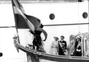 Queen Margrethe and Prince Henrik on the boat during his visit to Sweden, here with the Duke of Halland - Vintage Photograph