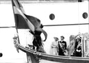 Queen Margrethe and Prince Henrik on the boat during his visit to Sweden, here with the Duke of Halland - Vintage Photograph