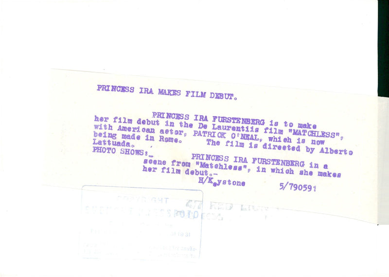 Ira von Furstenberg debuts in "Matchless" directed by Alberto Latuada - Vintage Photograph