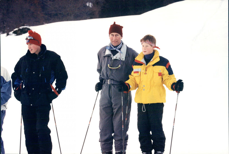 Prince Harry on a ski holiday with his father Prince Charles and Brother Prince William - Vintage Photograph