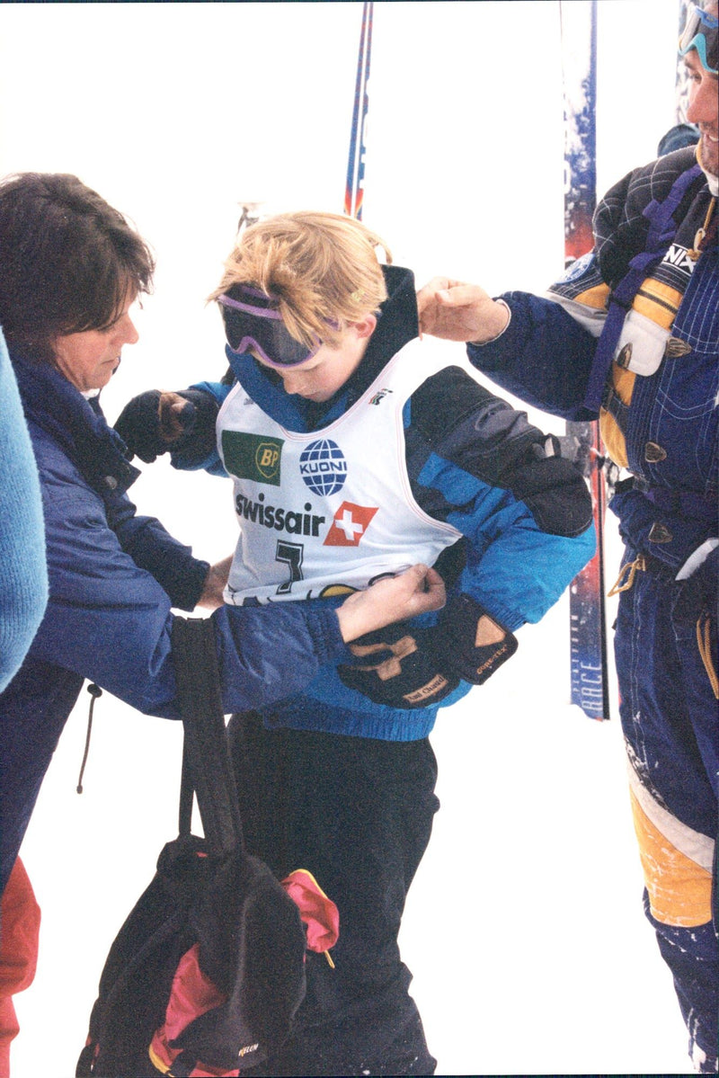 Prince Harry participated in a slalom competition in Klosters and placed himself in ninth place after father Prince Charles. - Vintage Photograph