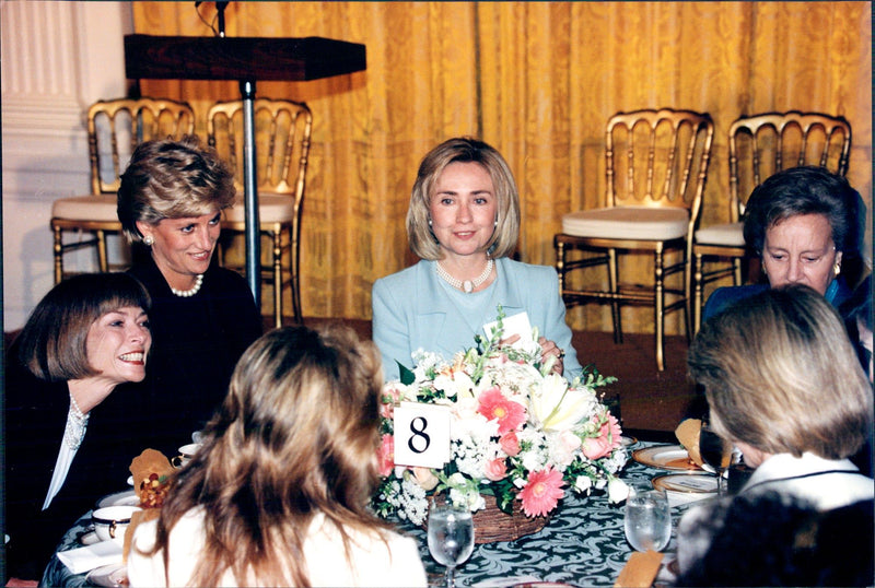 Princess Diana met, among other things, Hillary Clinton during her visit to the United States where she spoke to the use of land mines. - Vintage Photograph