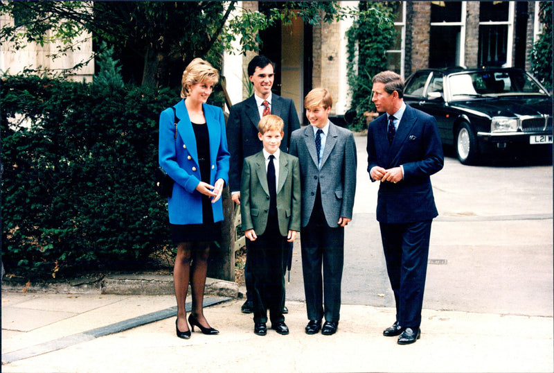 Princess Diana with the sons Harry and William and Prince Charles at Prince Williams's first school day at Eton College - Vintage Photograph