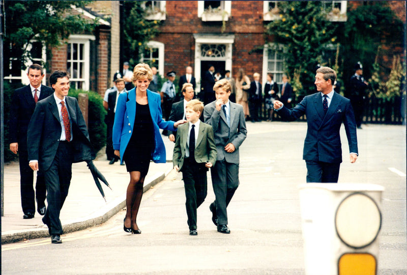 Princess Diana with the sons Harry and William and Prince Charles at Prince Williams's first school day at Eton College - Vintage Photograph