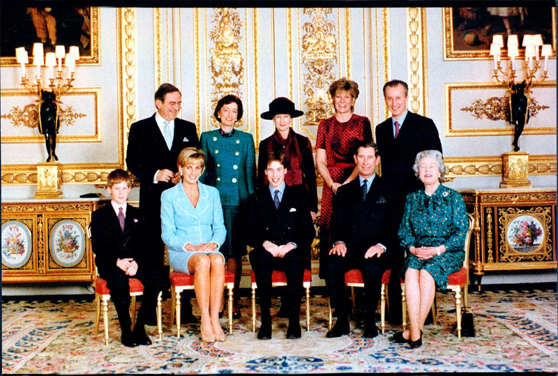 At Windsor Palace at Prince Williams's confirmation. Primarily seen: Prince Harry, Princess Diana, Prince William, Prince Charles and Queen Elisabeth II - Vintage Photograph