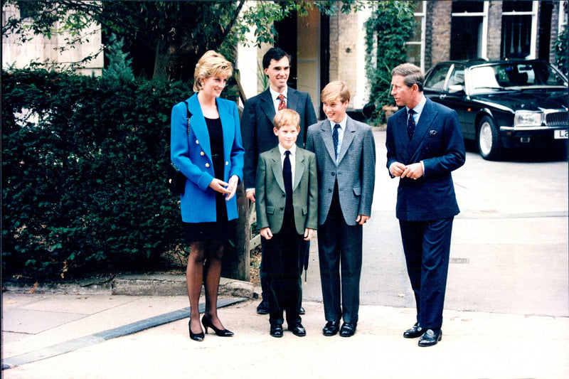 Princess Diana with the sons Harry and William and Prince Charles at Prince Williams's first school day at Eton College - Vintage Photograph