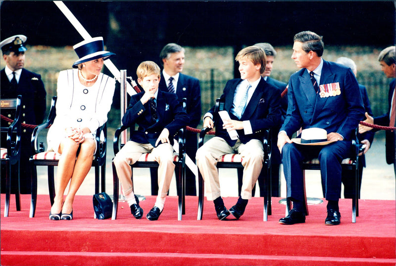 Princess Diana, Prince Harry, Prince William and Prince Charles at the celebration of the 50th Anniversary of World War II Ending - Vintage Photograph