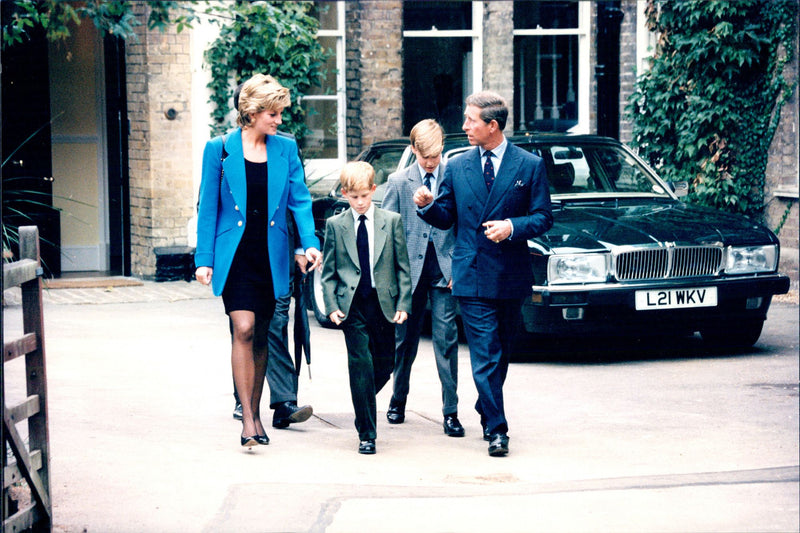 Princess Diana with the sons Harry and William and Prince Charles at Prince Williams's first school day at Eton College - Vintage Photograph