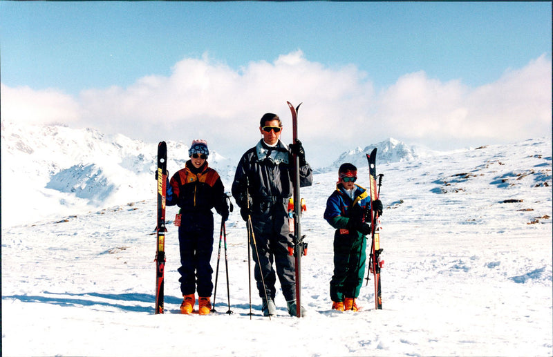 Prince Charles with the sons Prince William and Prince Harry in the ski slope - Vintage Photograph