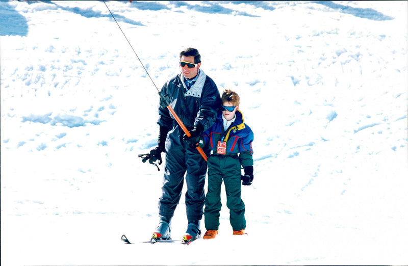 Prince Charles with the son Prince Harry in a ski lift - Vintage Photograph