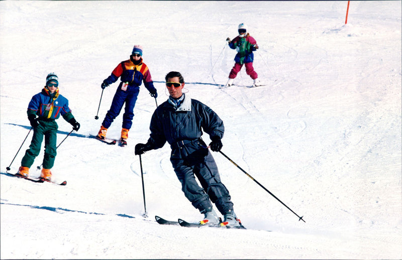 Prince Charles with the sons Prince William and Prince Harry in the Slalombacke - Vintage Photograph