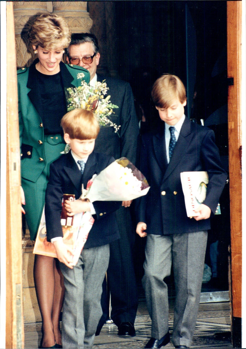 Princess Diana, Prince Harry and Prince William in an unknown official context. - Vintage Photograph