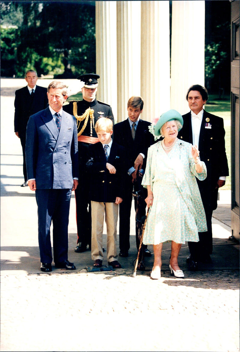 Prince Charles, Prince Harry, Prince William and Queen Elizabeth, Queen Mother, who celebrated her 95th birthday. - Vintage Photograph