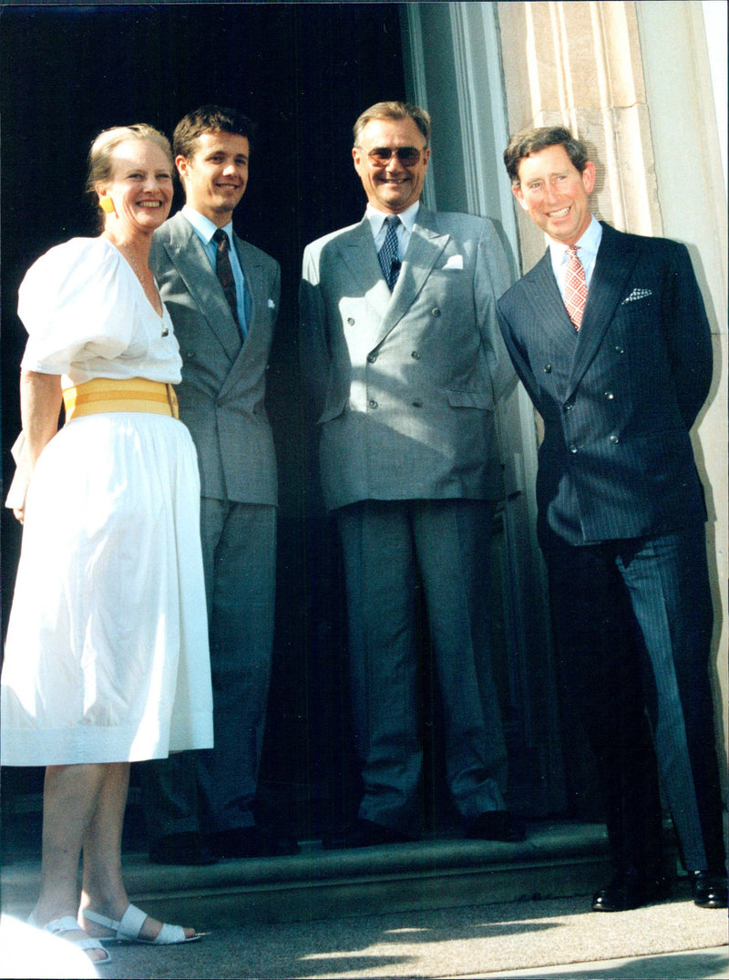 Silver wedding between Queen Margrethe and Prince Henrik of Denmark. In the picture together with Prince Frederik and Prince Charles - Vintage Photograph