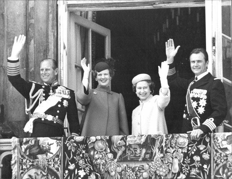 Prince Philip of England, Queen Margrethe II of Denmark, Queen Elizabeth II of England and Prince Henrik of Denmark. - Vintage Photograph