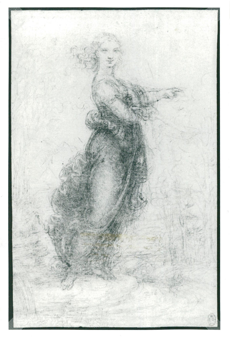 Standing woman in a landscape, also known as the pointing lady, is an example of Vinci's pursuit of imitating the Romans and Greeks expression. - Vintage Photograph