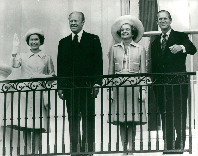 Queen Elizabeth II of England, US President Gerald Ford with Wife and Prince Philip on the Balcony of the White House - Vintage Photograph