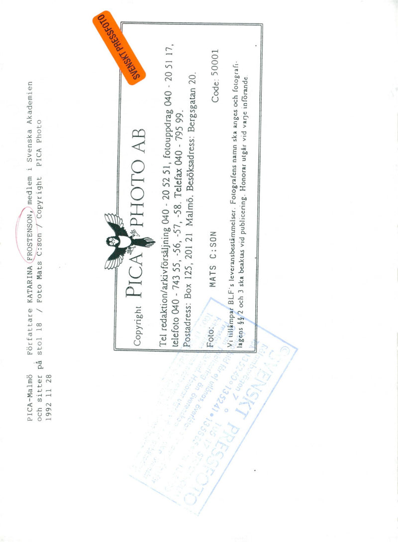 Poet and Swedish Academy member Katarina Frostenson - Vintage Photograph