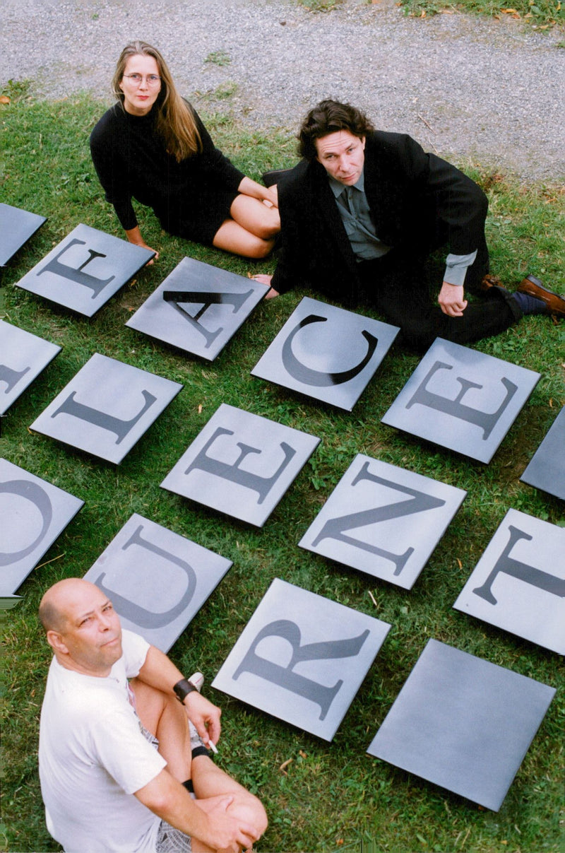Katarina Frostenson with Jean Claude Arnault and Stellan Lindblad exhibits poetry art in Vasaparken - Vintage Photograph