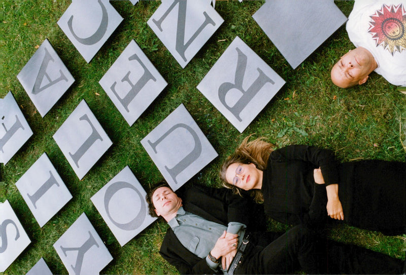 Katarina Frostenson with Jean Claude Arnault and Stellan Lindblad exhibits poetry art in Vasaparken - Vintage Photograph