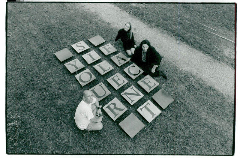 Katarina Frostenson with Jean Claude Arnault and Stellan Lindblad exhibits poetry art in Vasaparken - Vintage Photograph