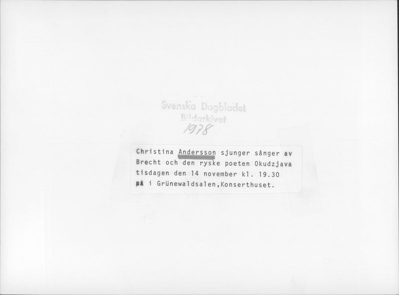 Actress Christina Anderson sings songs of Brecht and the Russian poet Okudzjava at the Concert Hall - Vintage Photograph