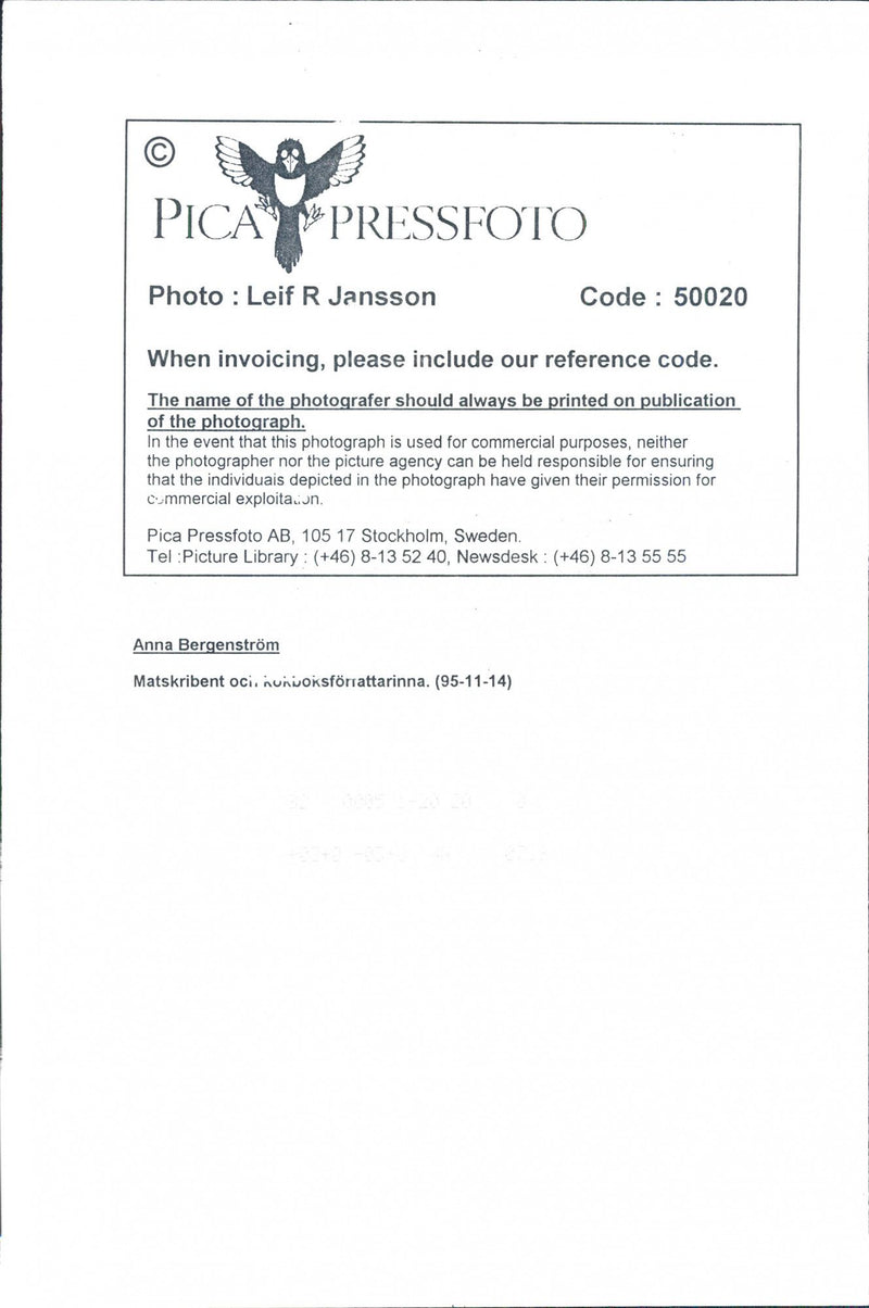 Anna BergenstrÃ¶m, food writer and cookbook writers - Vintage Photograph