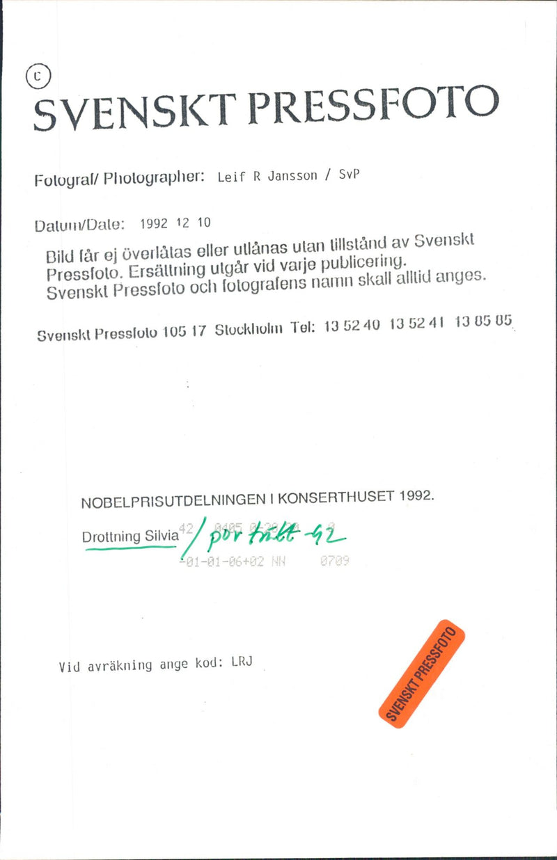 Queen Silvia attends the Nobel Prize ceremony in the concert hall - Vintage Photograph