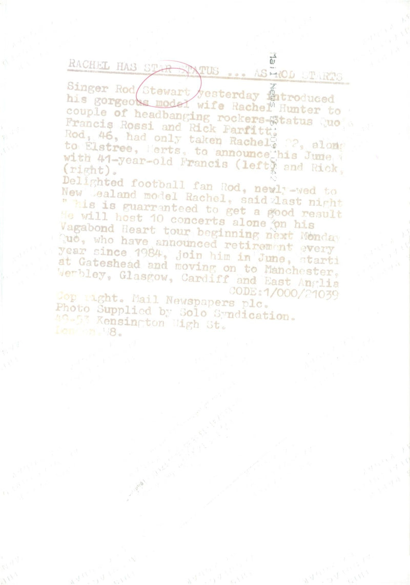 Rod Stewart and Rachel Hunter - Vintage Photograph