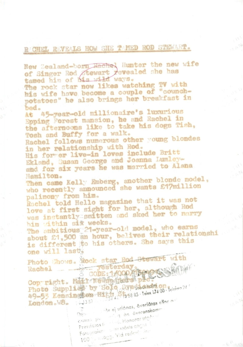 Rod Stewart and Rachel Hunter - Vintage Photograph