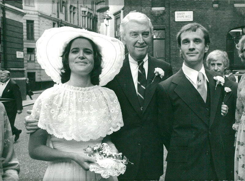 Actor James Stewart flanked by daughter Kelly Stewart and son-in-law Sandy Harcourt on their wedding day - Vintage Photograph