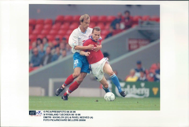 Dmitri Khoklov (number 21) and Pavel Nedved (number 4) during the match Russia - Czech Republic. - Vintage Photograph