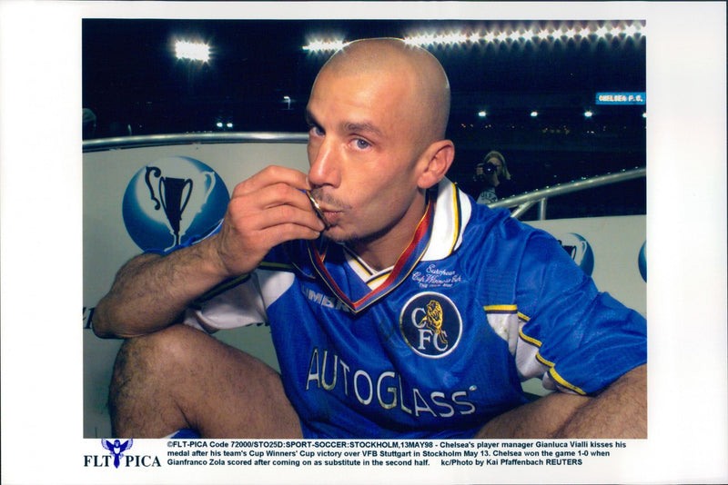 Chelsea captain Gianluca Vialli kisses his medal after his team won the UEFA Cup final against VFB Stuttgart at RÃ¥sunda - Vintage Photograph