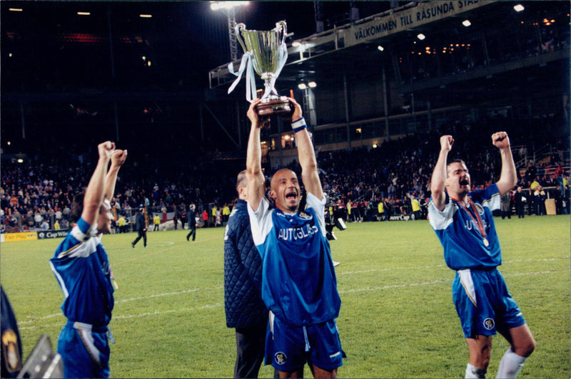 Chelsea captain Gianluca Vialli holds up the cup after the win against Stuttgart in the UEFA Cup final at RÃ¥sunda - Vintage Photograph