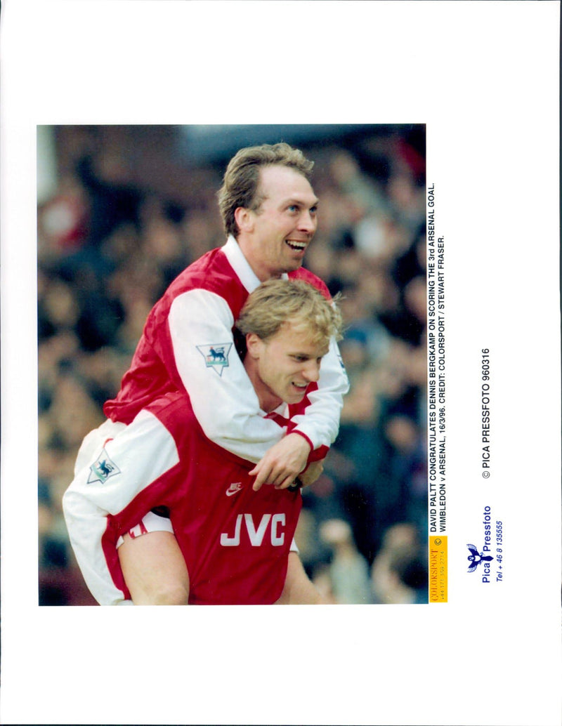 David Paltt congratulates Dennis Bergkamp on his goal against Wimbledon - Vintage Photograph