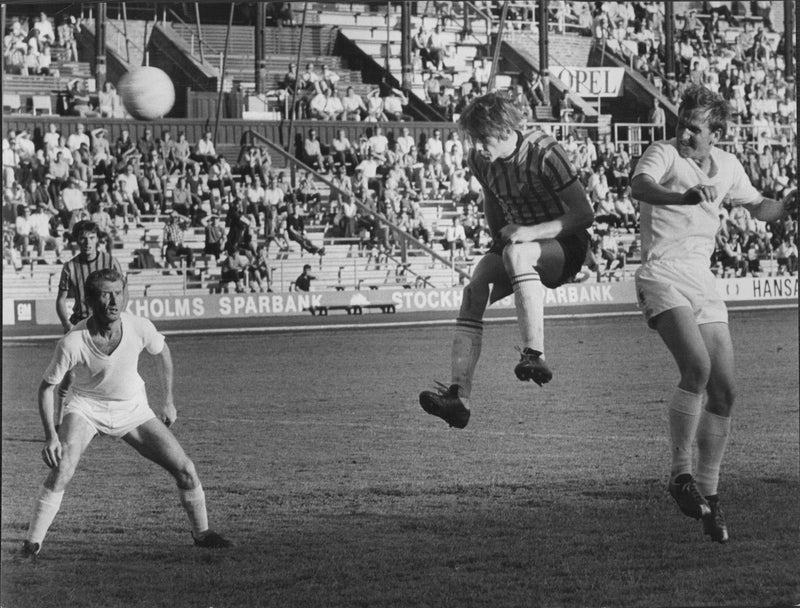 Football player Hans &quot;NÃ¤ttraby&quot; Jonsson jumps up and delivers a nick. - Vintage Photograph