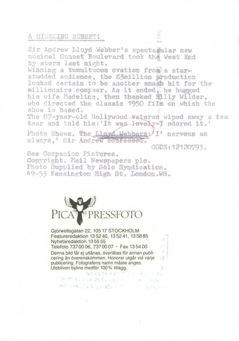 Composer Andrew Lloyd Webber with wife Madelaine at the premiere of the musical Sunset Boulevard at West End - Vintage Photograph