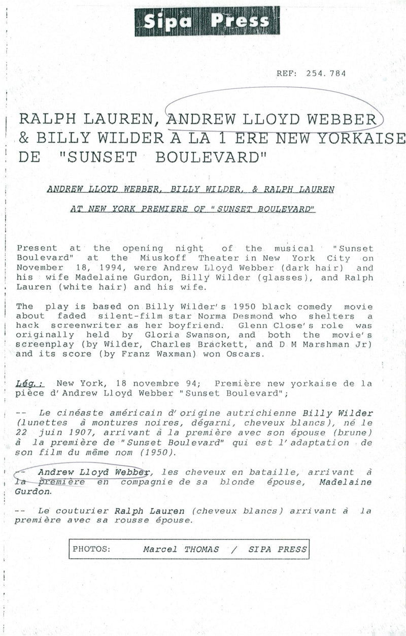 Composer Andrew Lloyd Webber with wife Madelaine at the premiere of the musical Sunset Boulevard at Miuskoff Theater - Vintage Photograph