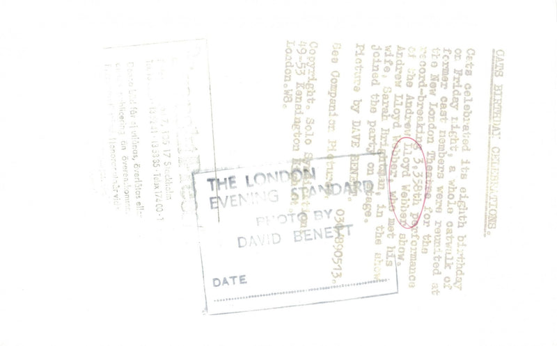 Singer Sarah Brightman and composer Andrew Lloyd Webber on stage at the musical Cats 8th anniversary at the New London Theater - Vintage Photograph