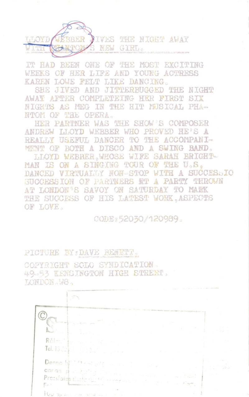 Composer Andrew Lloyd Webber is dancing with Karen Lowe from the musical fantasy of the opera - Vintage Photograph