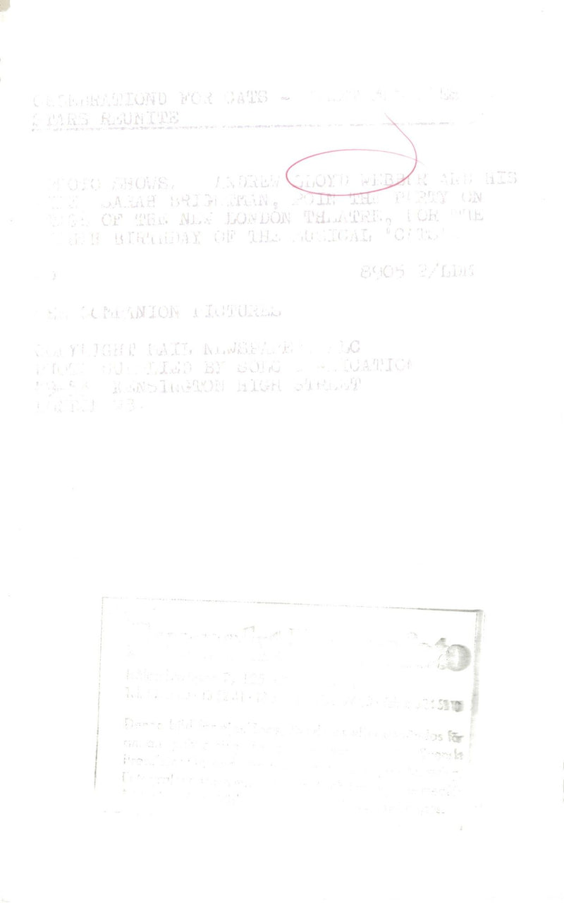 Singer Sarah Brightman and composer Andrew Lloyd Webber on stage at the musical Cats 8th anniversary at the New London Theater - Vintage Photograph